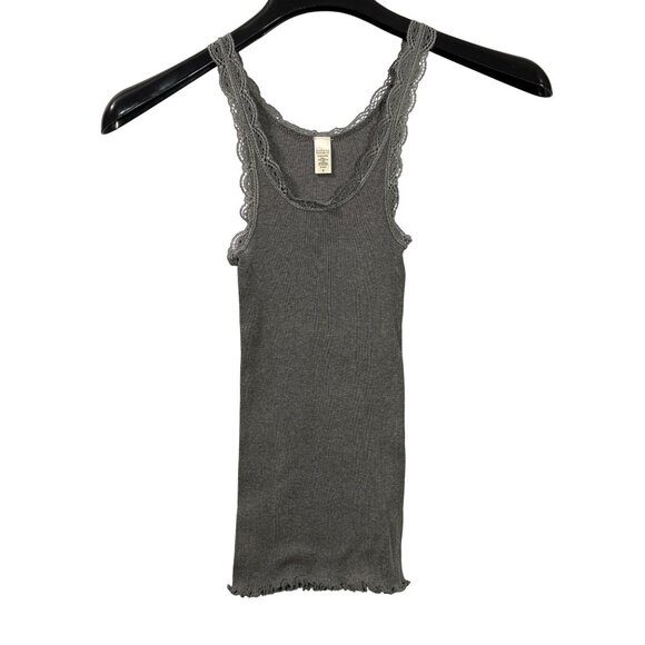Y2K 2010 Banana Republic Gray Ribbed Lace Trim Tank Top Size S Ruffle Hem - Picture 1 of 5